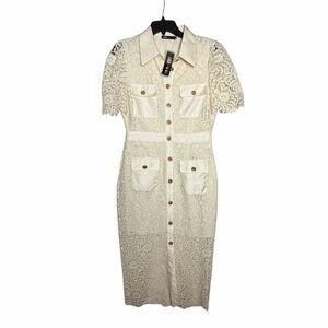 INA Midi Dress Cream Crochet Lace Gold Button Front Lined Satin Collar Pockets M